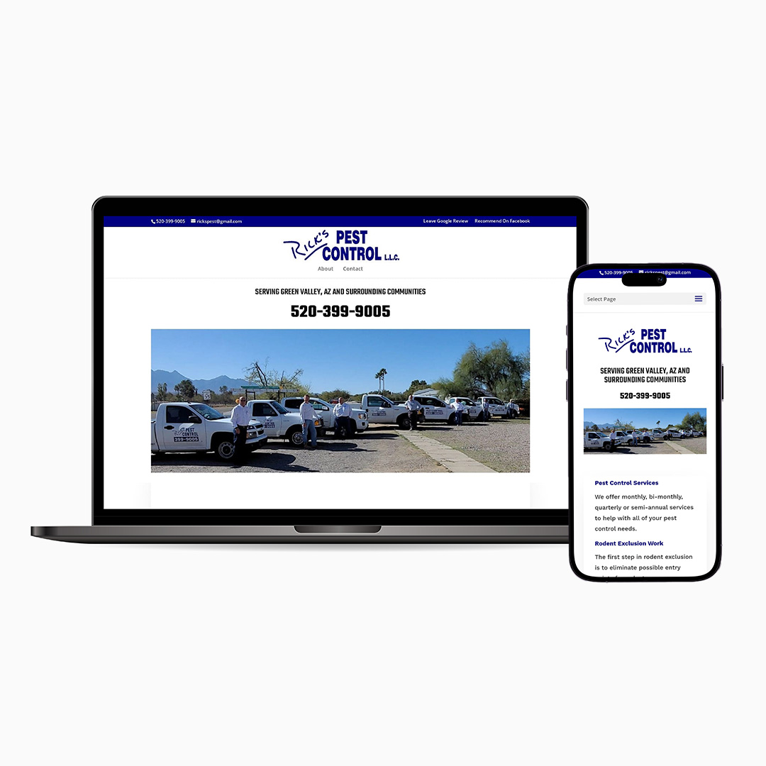 Rick’s Pest Control AZ - Mock Ups Unleash the power of over 30 years of expertise as Rick's Pest Control AZ partners with Shield Bar Marketing to create their first landing page and set up their Google My Business profile, providing reliable pest control services recommended by local businesses.