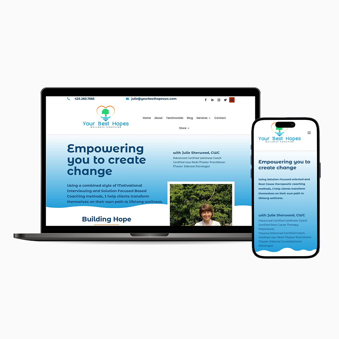 Your Best Hopes Wellness Coaching Portfolio: Embrace wellness and transformation with a user-friendly website and a new logo symbolizing renewed well-being, crafted by Shield Bar Marketing.